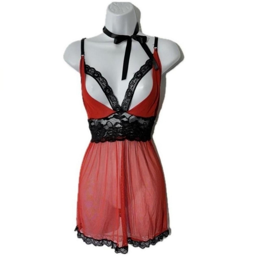Elegant Red and Black Lace Babydoll Chemises Slip Dress 🫶❤️‍🔥🌹😍